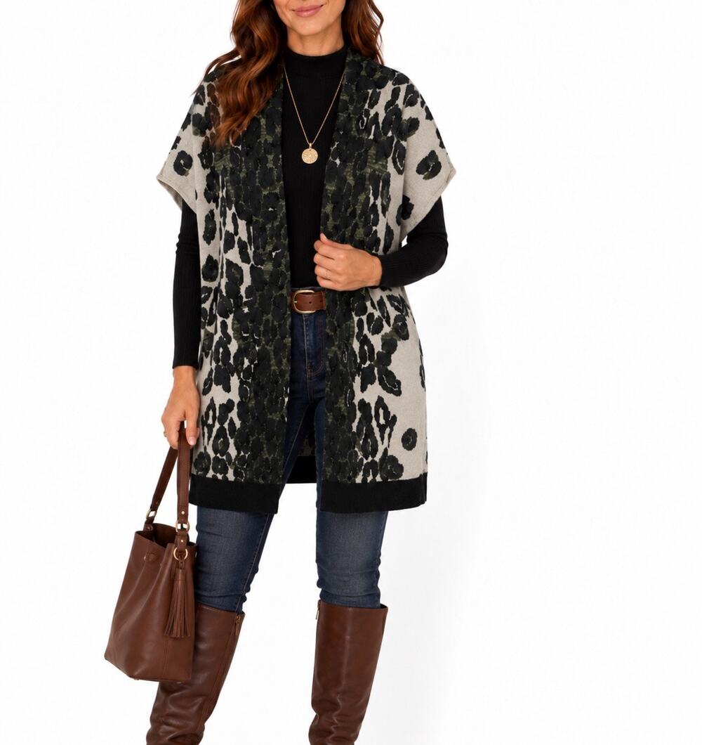 VERTIGO Open Front Leopard Print Cardigan Knit Sweater size Medium Boho Casual